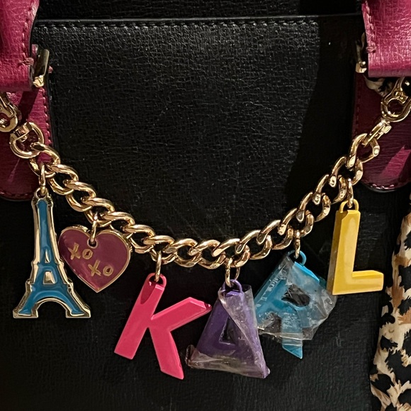 Karl Lagerfeld Paris Black Leather & Magenta Simone Satchel - Picture 10 of 16